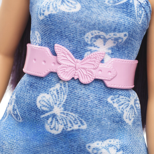 Barbie Fashionistas Doll #231 in Denim Butterfly Dress With Pink Belt, Purple Hair Barbie Fashionistas Doll #231 in Denim Butterfly Dress With Pink Belt, Purple Hair