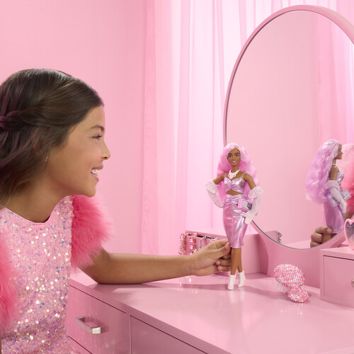 Barbie Deluxe Style Doll #1 in Glossy Pink Barbiecore Dress with Velvet Gloves, Pink Hair