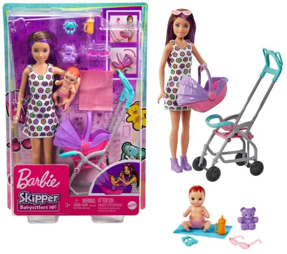 Barbie - Skipper Stroller Playset Brunette And Purple Hair