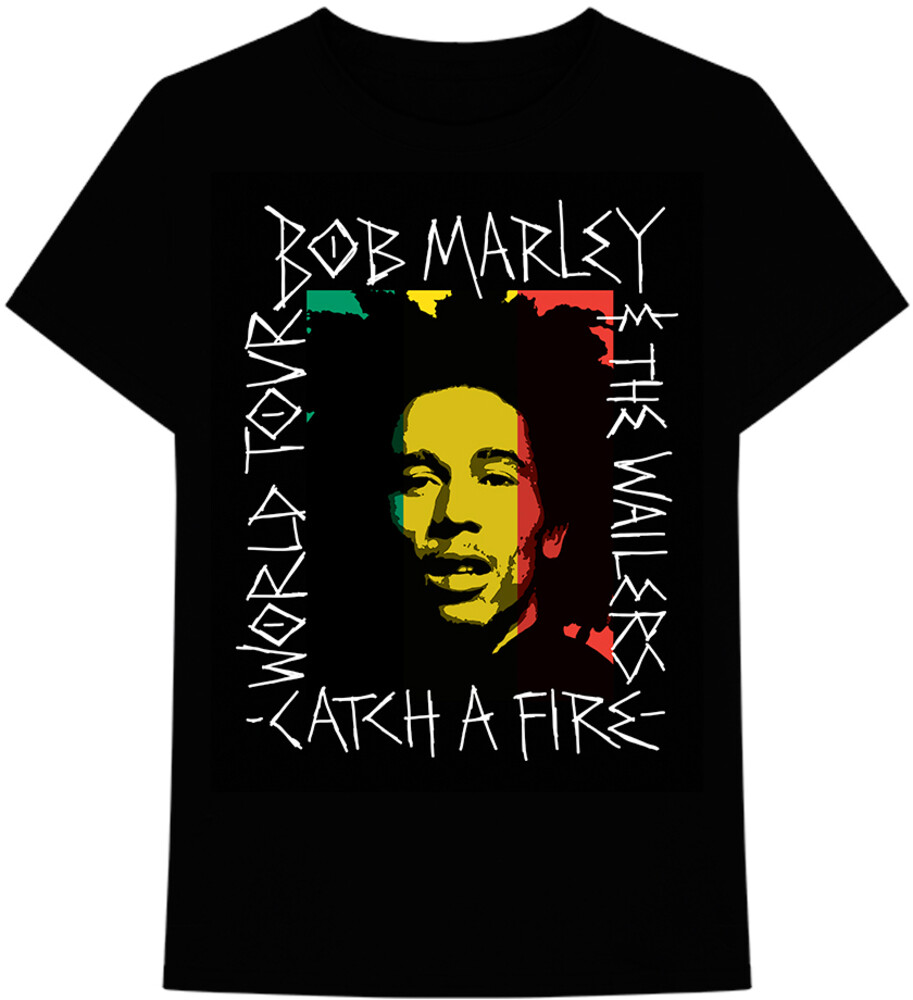 Bob Marley Catch a Fire Black Ss Tee Xl - Bob Marley & The Wailers Catch A Fire World Tour Handwritten FrameBlack Unisex Short Sleeve T-shirt XL