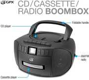 GPX BCA209B Stereo Boombox With CD Player, Cassette Recorder,  AM/ FM Radio AC/ DC (Black) 