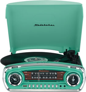 Studebaker SB6057TE Retro Turntable 3 Speed AM/ FM Radio Bluetooth Receiver (Teal)