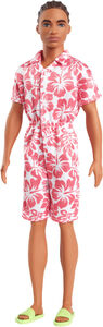 Mattel - Barbie Ken Fashionista with Braided Brown Hair, Wearing Coral Jumpsuit with Hawaiian Print and Green Sandals
