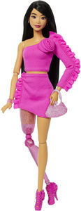 Mattel - Barbie Deluxe Style with Black Hair and Glittery Prosthetic Leg, Pink Top and Skirt Set with Rose Detail and Accessories 