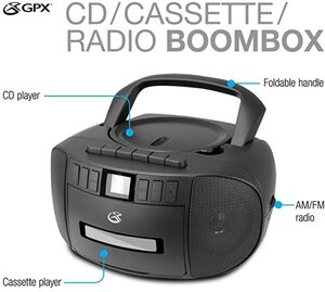 GPX BCA209B Stereo Boombox With CD Player, Cassette Recorder, AM/ FM Radio AC/ DC (Black)