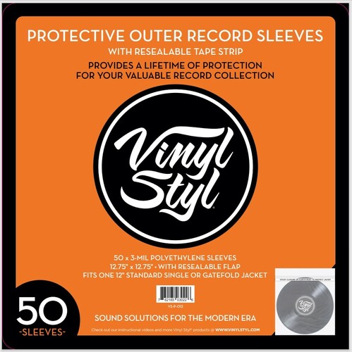 Vinyl Styl®VS-P-012  12 Inch Outer Record Sleeves - Resealable Flap - 50 Count (Clear)