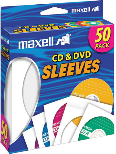 Maxell 190135 CD-400 CD/DVD Paper Sleeves With Clear Window 50 Pack (White)