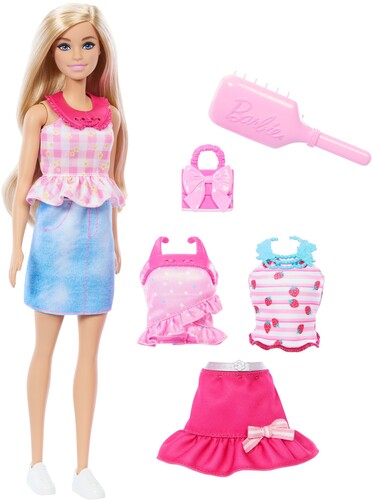 BARBIE STYLE BLONDE WITH GINGHAM TOP AND DENIM