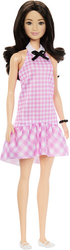 BARBIE FASHIONISTA BLACK HAIR PINK GINGHAM DRESS