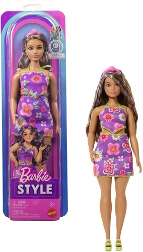 Mattel - Barbie Fashionistas Doll #244 With Floral Halter Dress, Purple-Streaked Brown Hair