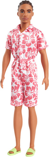 Mattel - Barbie Ken Fashionista with Braided Brown Hair, Wearing Coral Jumpsuit with Hawaiian Print and Green Sandals