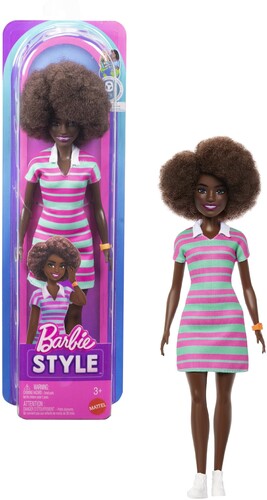 Mattel - Barbie Fashionistas Doll #247 With Pink And Green Striped Dress, Curly Black Hair