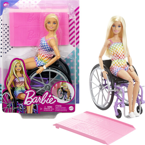 Mattel - Barbie Fashionista Doll with Wheelchair & Ramp, Blond Hair, Rainbow Dress