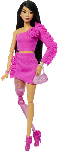 Mattel - Barbie Deluxe Style with Black Hair and Glittery Prosthetic Leg, Pink Top and Skirt Set with Rose Detail and Accessories