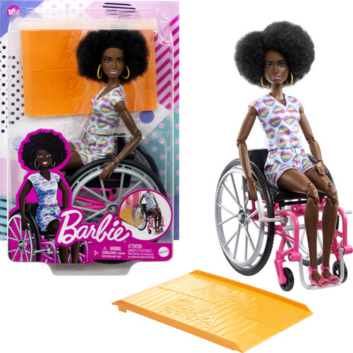 Mattel - Barbie Fashionista & Wheelchair with Wheelchair & Ramp, Curly Brown Hair, Romper