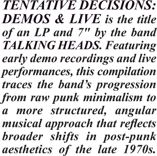 Talking Heads - Tentative Decisions: Demos & Live