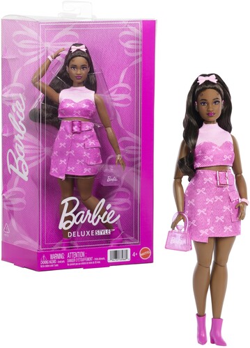 Mattel - Barbie Deluxe Style Fashion Doll #10 in Pink Denim Top & Skirt Set With Bow Print, Black Hair