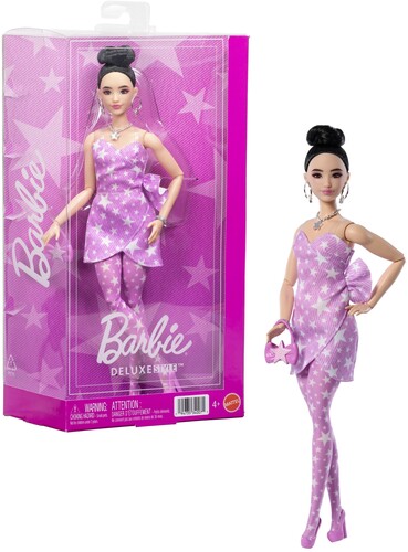 Mattel - Barbie Deluxe Style Fashion Doll #11 in Pink Denim Star-Print Dress, Black Hair in Bun