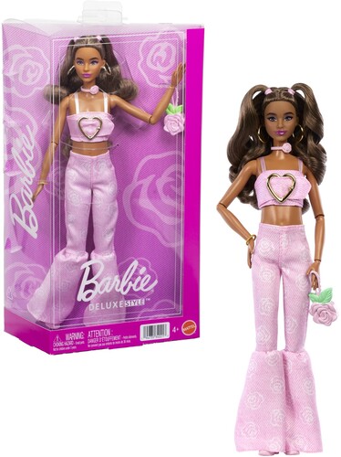 Mattel - Barbie Deluxe Style Fashion Doll #12 in Pink Denim Crop Top And Flare Jeans, Brunette
