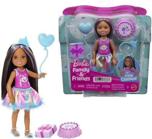 Mattel - Barbie Club Chelsea Birthday-Themed Small Doll with Party Accessories, Brunette