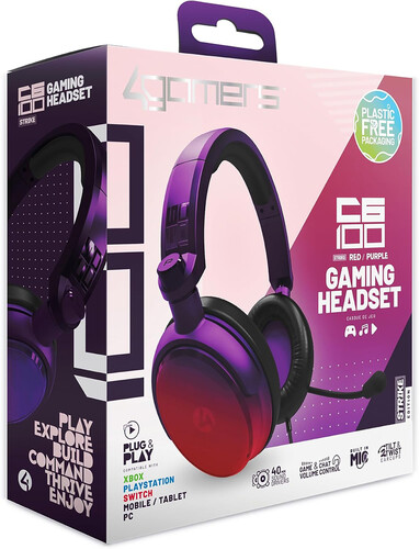 PC Accessory:  Wired Headset - 4Gamers C6-100 STRIKE - Red & Purple:  Compatible with PC, Switch, PS5, Xbox X|S