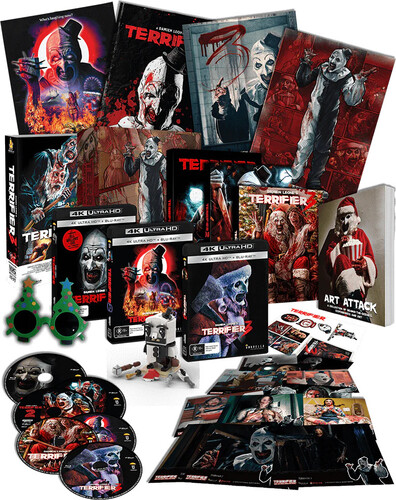 Art Attack: Terrifier Collector's Edition Boxset - Limited Edition Numbered Boxset with All-Region UHD & Blu-Ray Slipcases, 2 Reversible Posters, Terrifier 3 VHS tape, 12 Art Cards, Exclusive Book, Art's Sunglasses, & Build your own Art the Clown brick set with 7 swappable weapons & hats!