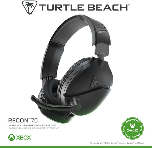 Xbox Accessory:  Wired Headset - Turtle Beach Recon 70 Black:  Compatible with PC, Switch, PS5, Xbox X|S:  Officially Licensed by Microsoft