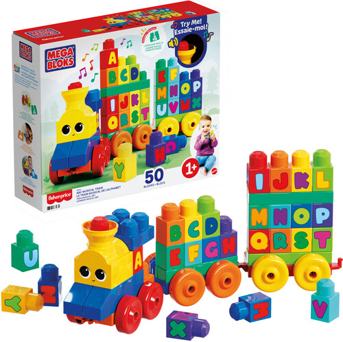 MEGA BLOKS - First Builders ABC Musical Train, 50 Piece Toddler Building Toy & Storage
