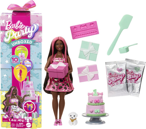 Mattel - Barbie Party Unboxed Doll & Accessories, Pet Birthday Series, Shimmerin' Hearts Set