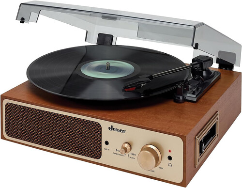 JENSEN JTA245 DUAL BT TURNTABLE CASS SPEAKERS BRWN