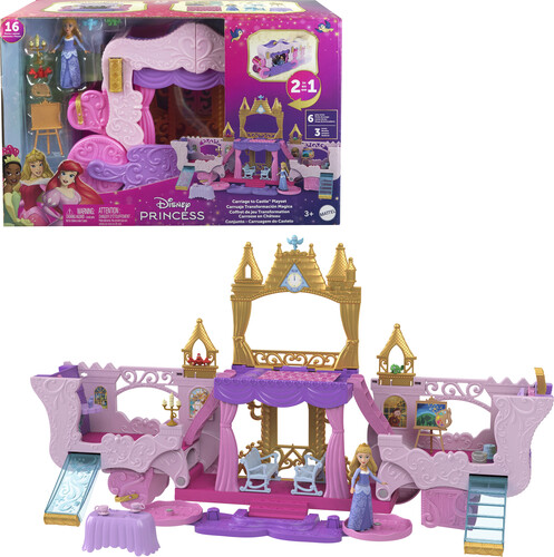 Mattel - Disney Princess Carriage to Castle Transforming Playset with Aurora Small Doll