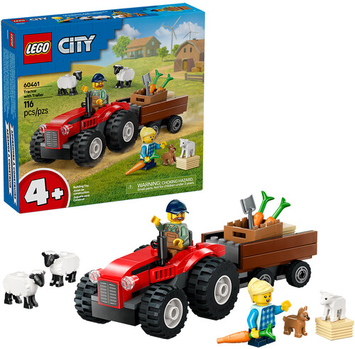 RED FARM TRACTOR WITH TRAILER & SHEEP